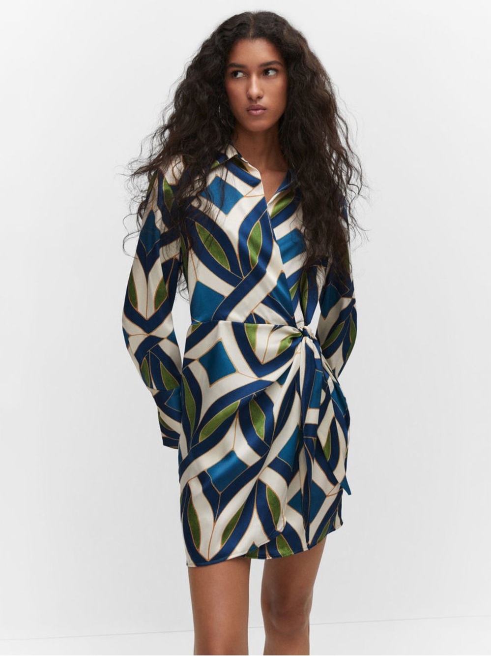 Mango Quanti Geometric Print Mini Satin Dress in Blue Multi Size US 4 Euro Small